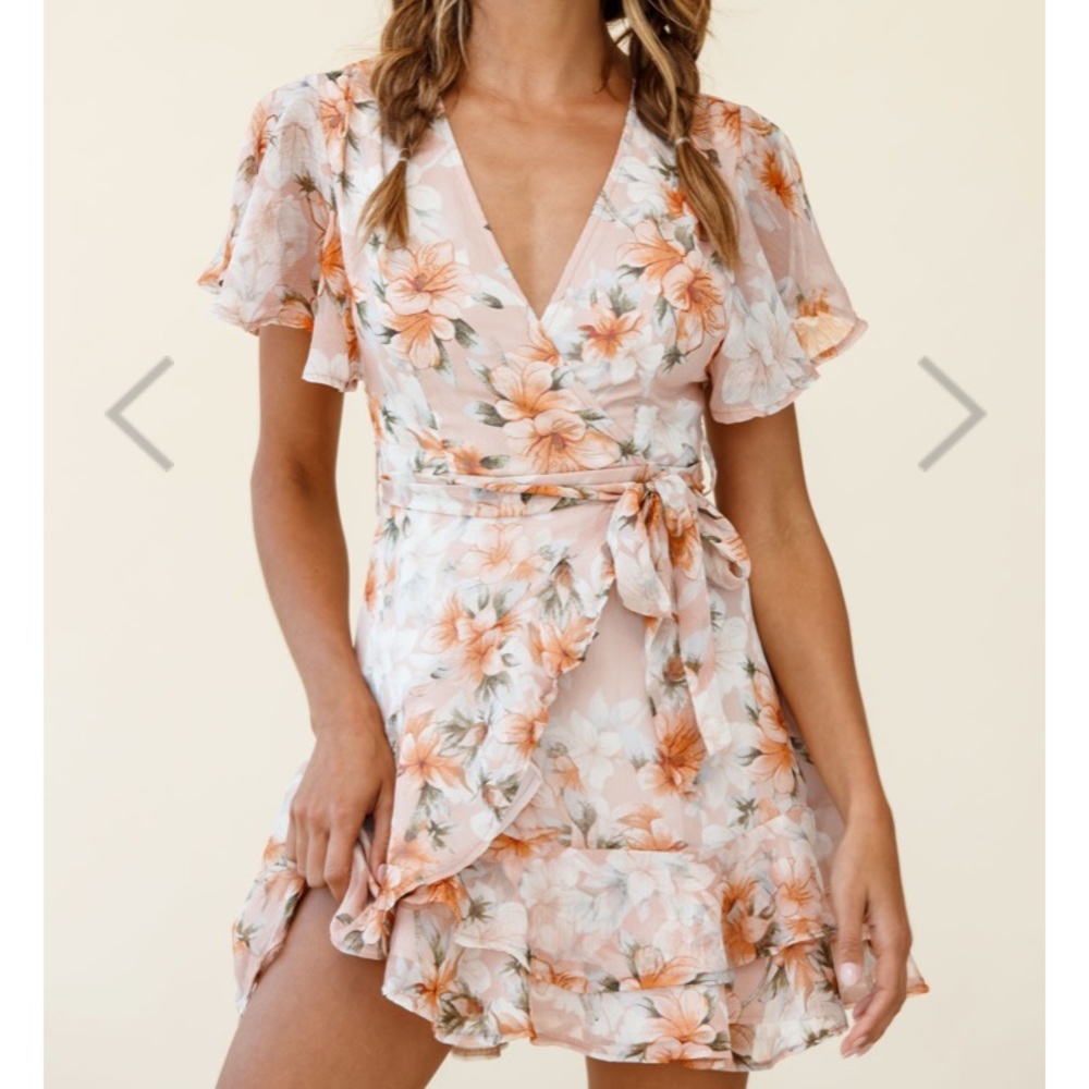 Cami Angel Sleeve Faux Wrap Dress Hibiscus Print
